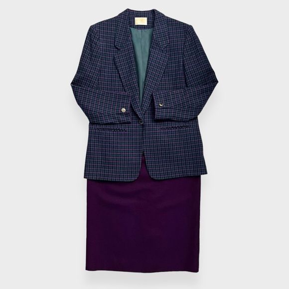 Vintage 80s Pendleton Skirt Suit 12 Houndstooth Blazer 2 Piece Set Purple Green - Picture 13 of 14